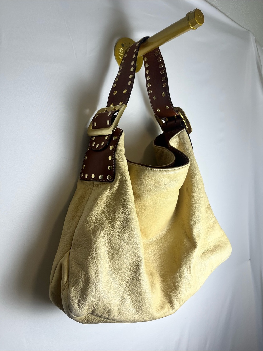 Be & D Yellow Leather Shoulder Bag with Brown Studded Strap